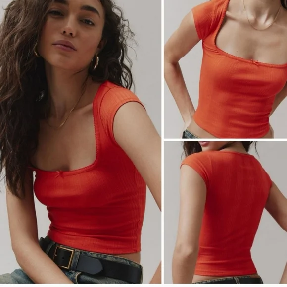 BDG Urban Outfitters Olivia Picot Square Neck Top in Red/orange. Size M NWOT - Picture 4 of 11